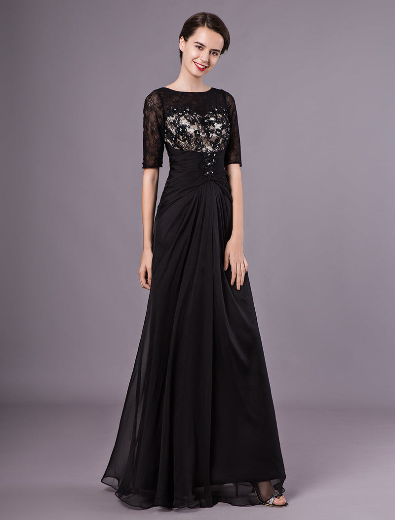 Gorgeous Black Evening Dresses Half Sleeves Lace Beading Chiffon Long Formal Gowns wedding guest dress-showprettydress