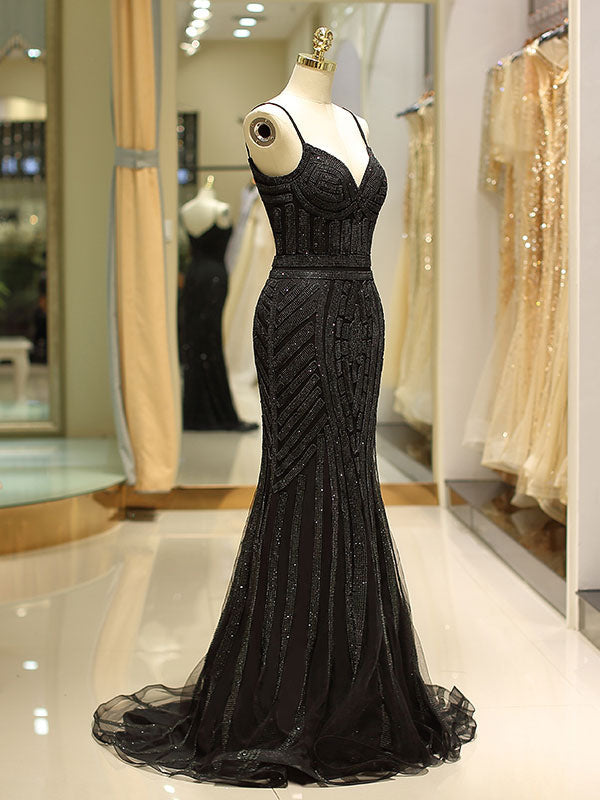 Gorgeous Black Evening Dresses Mermaid Luxury Heavy Beaded Straps Long Formal Evening Dress-showprettydress