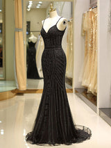 Gorgeous Black Evening Dresses Mermaid Luxury Heavy Beaded Straps Long Formal Evening Dress-showprettydress