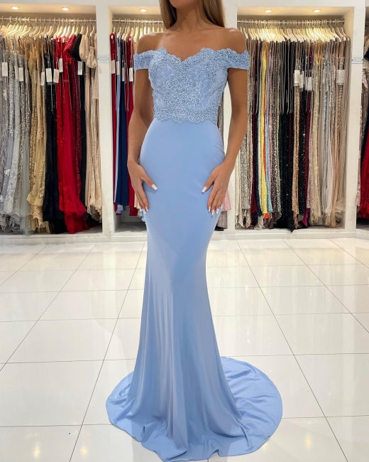 Gorgeous Blue Off-the-shoulder Mermaid Prom Dresses With Lace-showprettydress