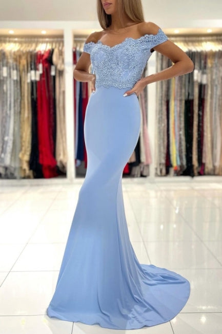 Gorgeous Blue Off-the-shoulder Mermaid Prom Dresses With Lace-showprettydress