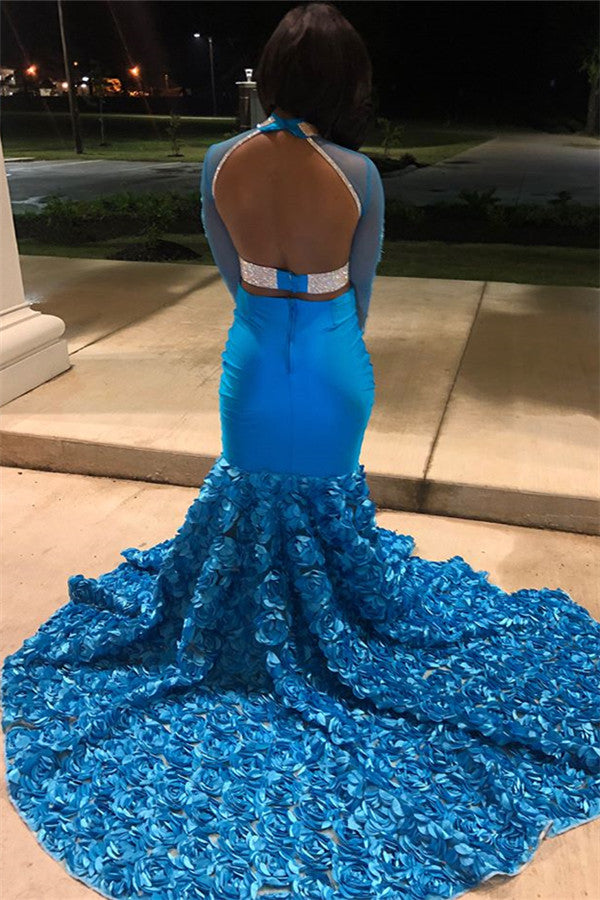 Gorgeous Blue Sheer Tulle Lone-Sleeves Flower Applique Mermaid Prom Dresses-showprettydress