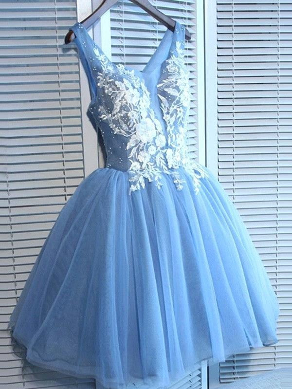 Gorgeous Blue Short Homecoming Dresses V-Neck Lace-Up Hoco Dresses-showprettydress