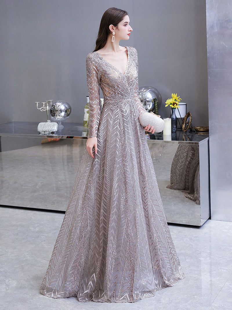 Gorgeous Evening Dress Princess Silhouette V Neck Long Sleeve Lace Sequins Floor Length Social Party Dresses-showprettydress