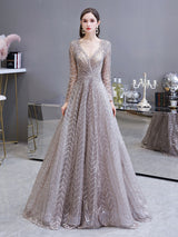 Gorgeous Evening Dress Princess Silhouette V Neck Long Sleeve Lace Sequins Floor Length Social Party Dresses-showprettydress