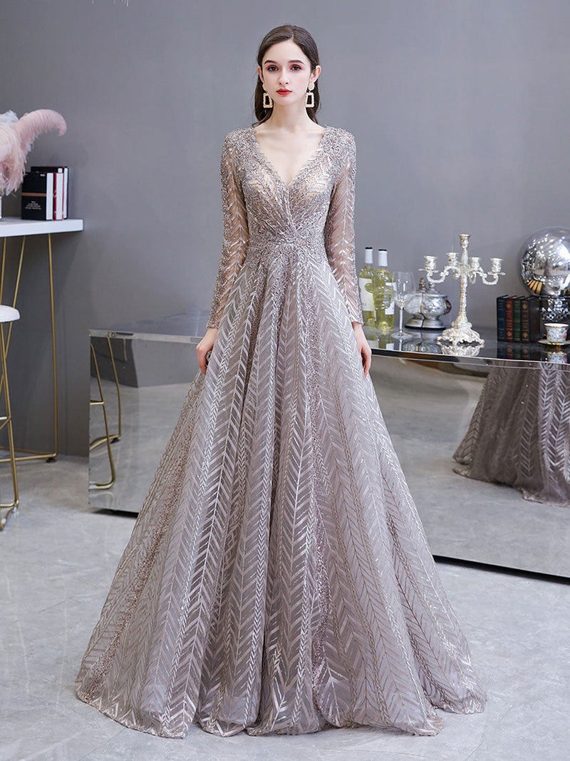 Gorgeous Evening Dress Princess Silhouette V Neck Long Sleeve Lace Sequins Floor Length Social Party Dresses-showprettydress