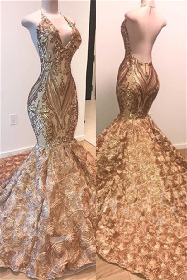 Gorgeous Gold Sequins Sleeveless Prom Party Gowns| Shiny Mermaid Evening Gowns With Flowers Bottom-showprettydress