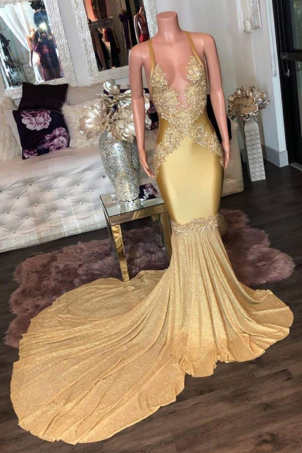 Gorgeous Golden Appliques Spaghetti Long Mermaid Evening Dresses-showprettydress