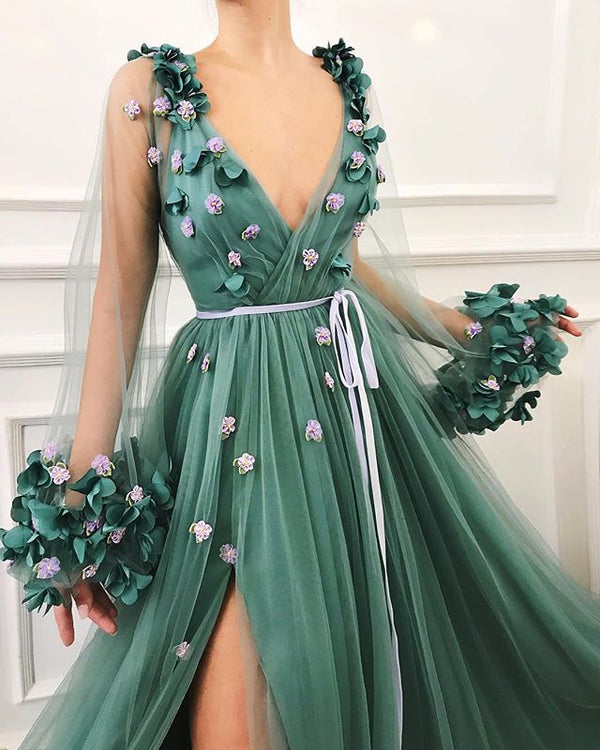 Gorgeous Green Long-Sleeves Tulle Side-Slit A-Line Prom Party Gowns-showprettydress