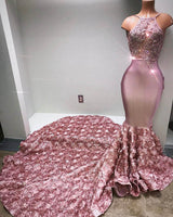 Gorgeous Halter Mermaid Pink Prom Party GownsLace With 3D-Floral Flowers Bottom-showprettydress