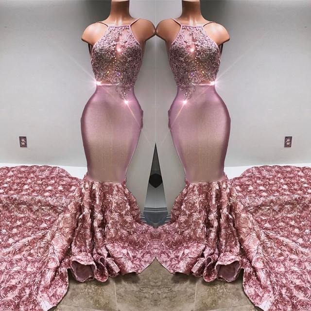 Gorgeous Halter Mermaid Pink Prom Party GownsLace With 3D-Floral Flowers Bottom-showprettydress