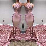 Gorgeous Halter Mermaid Pink Prom Party GownsLace With 3D-Floral Flowers Bottom-showprettydress