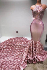 Gorgeous Halter Mermaid Pink Prom Party GownsLace With 3D-Floral Flowers Bottom-showprettydress