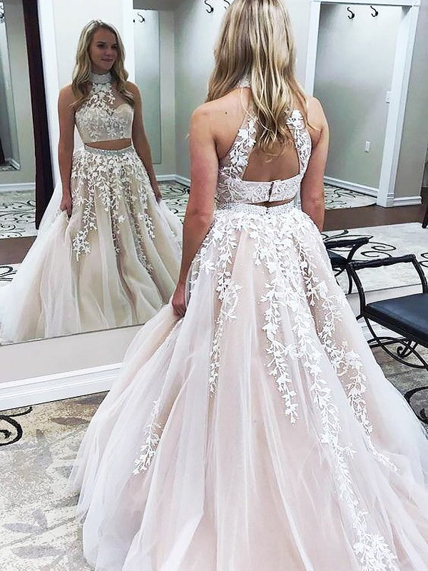 Gorgeous Halter Two Piece Applique Prom Dresses Elegant Lace Up Crystal Evening Dresses with Beads-showprettydress