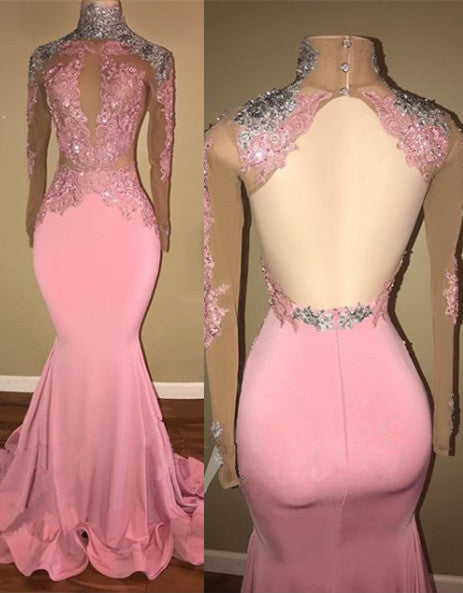 Gorgeous High-Neck Backless Pink Prom Party GownsMermaid With Lace Appliques-showprettydress