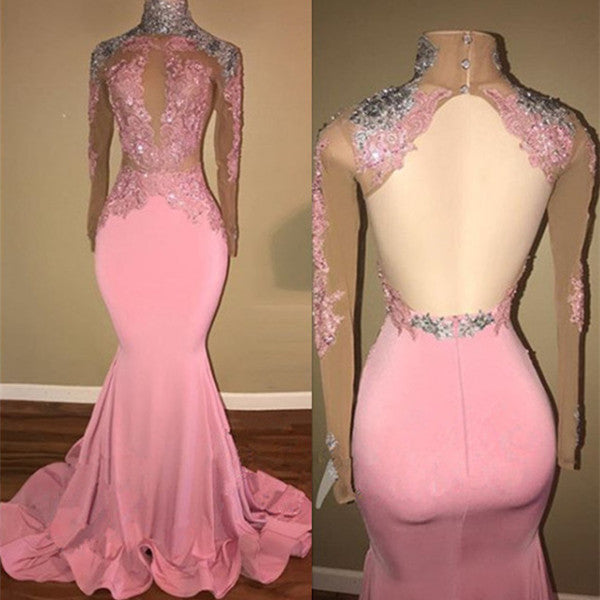 Gorgeous High-Neck Backless Pink Prom Party GownsMermaid With Lace Appliques-showprettydress