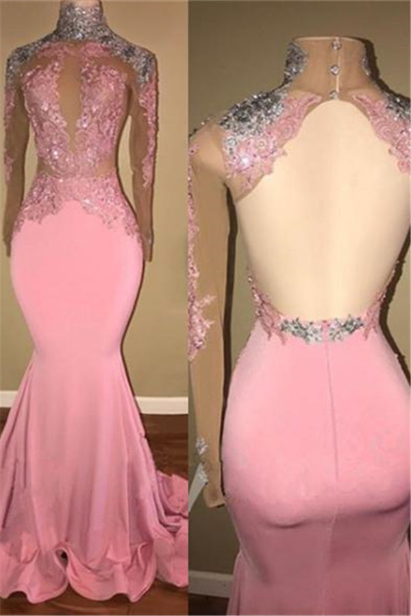 Gorgeous High-Neck Backless Pink Prom Party GownsMermaid With Lace Appliques-showprettydress