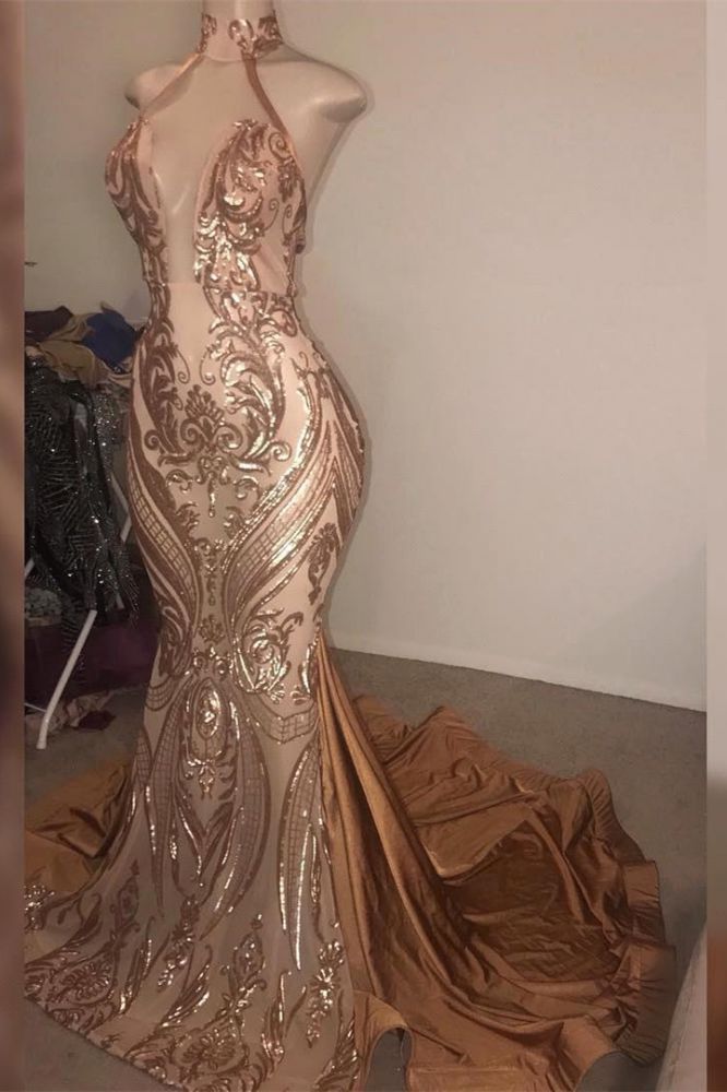 Gorgeous High neck Golden Mermaid Long Prom Party GownsReal Model Series-showprettydress