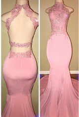 Gorgeous High Neck Pink Lace Prom Party GownsMermaid Long-showprettydress