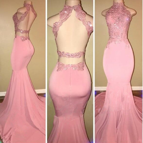 Gorgeous High Neck Pink Lace Prom Party GownsMermaid Long-showprettydress