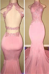 Gorgeous High Neck Pink Lace Prom Party GownsMermaid Long-showprettydress