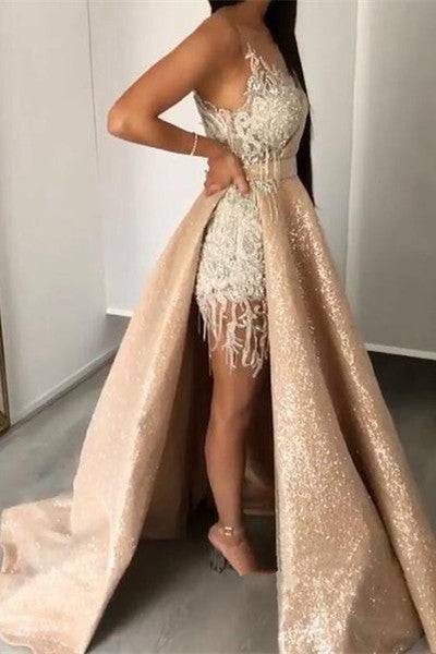 Gorgeous Lace Appliques Crystal V-neck Spaghetti Straps Prom Dresses With Detachable Skirt-showprettydress