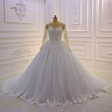 Gorgeous Long A-Line Bateau Pearl Tulle Appliques Lace Wedding Dress with Sleeves-showprettydress