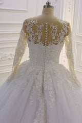 Gorgeous Long A-Line Bateau Pearl Tulle Appliques Lace Wedding Dress with Sleeves-showprettydress