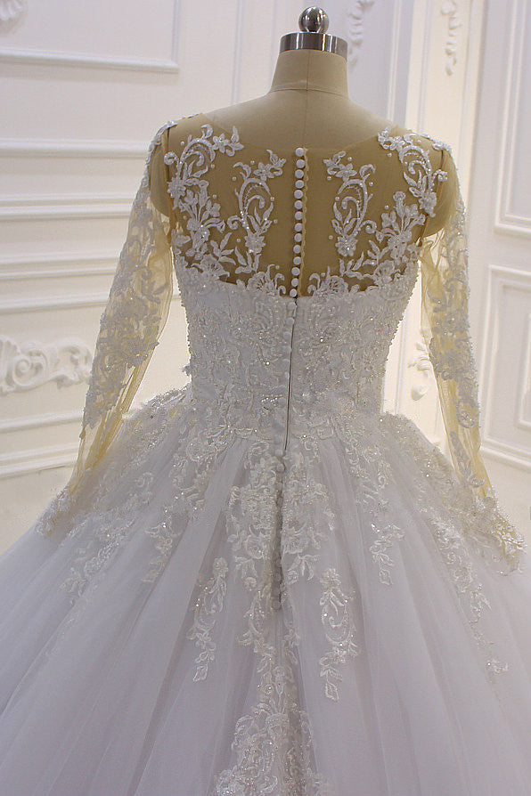 Gorgeous Long A-Line Bateau Pearl Tulle Appliques Lace Wedding Dress with Sleeves-showprettydress