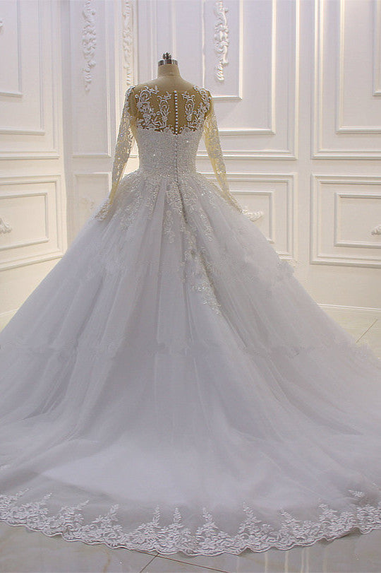 Gorgeous Long A-Line Bateau Pearl Tulle Appliques Lace Wedding Dress with Sleeves-showprettydress