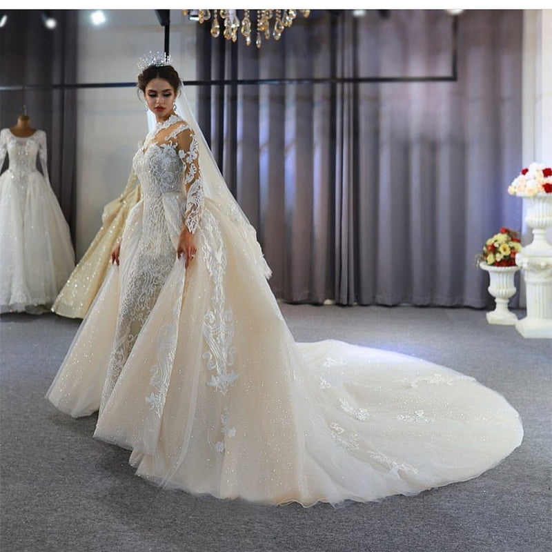 Gorgeous Long A-Line Sweetheart Appliques Lace Wedding Dress with Sleeves-showprettydress