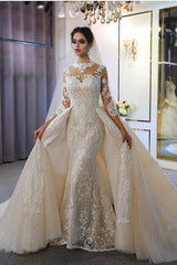 Gorgeous Long A-Line Sweetheart Appliques Lace Wedding Dress with Sleeves-showprettydress