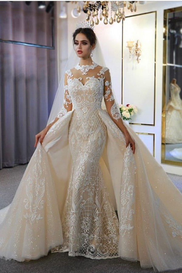 Gorgeous Long A-Line Sweetheart Appliques Lace Wedding Dress with Sleeves-showprettydress