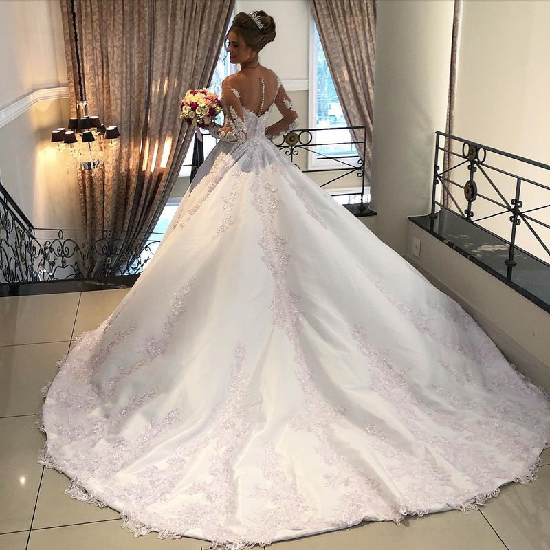 Princess Wedding Dresses Sweetheart Long Sleeves With Train Lace Tulle Ball  Gown