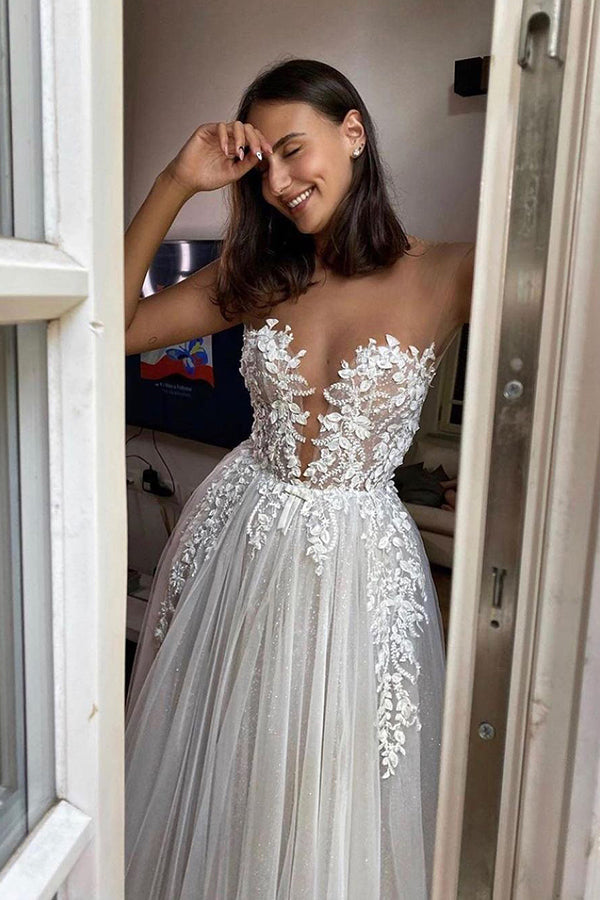 Gorgeous Long A-line Tulle Appliques Lace Wedding Dress-showprettydress