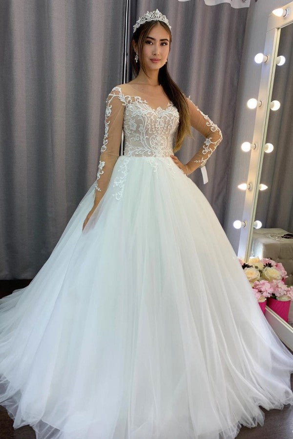 Gorgeous Long A-line Tulle Lace Wedding Dress with Sleeves-showprettydress