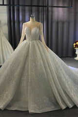 Gorgeous Long Ball Gown Bateau Crystal Wedding Dress with Sleeves-showprettydress