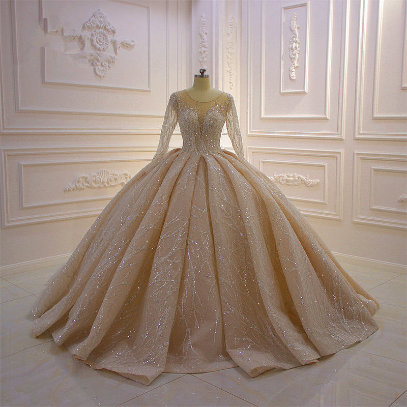 Gorgeous Long Ball Gown Bateau Crystal Wedding Dress with Sleeves-showprettydress