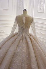 Gorgeous Long Ball Gown Bateau Crystal Wedding Dress with Sleeves-showprettydress