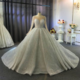 Gorgeous Long Ball Gown Bateau Crystal Wedding Dress with Sleeves-showprettydress