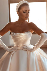 Gorgeous Long Ball Gown Strapless Satin Wedding Dress With Beadings Online-showprettydress