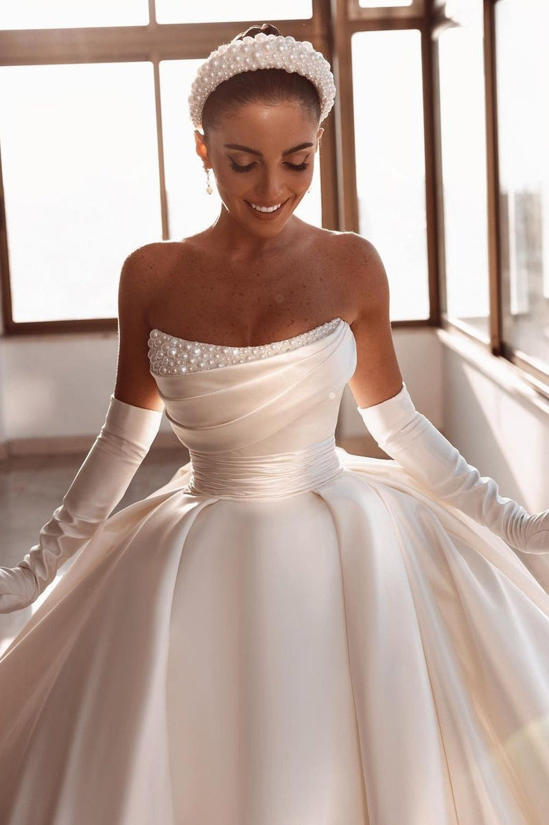 Gorgeous Long Ball Gown Strapless Satin Wedding Dress With Beadings Online-showprettydress