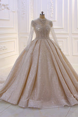 Gorgeous Long High neck Sequin Satin Ball Gown Wedding Dress with Sleeves-showprettydress