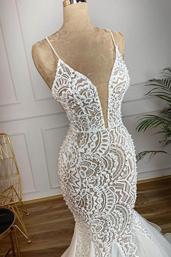 Gorgeous Long Mermaid Sweetheart Beaded Lace Organza Wedding Dress-showprettydress