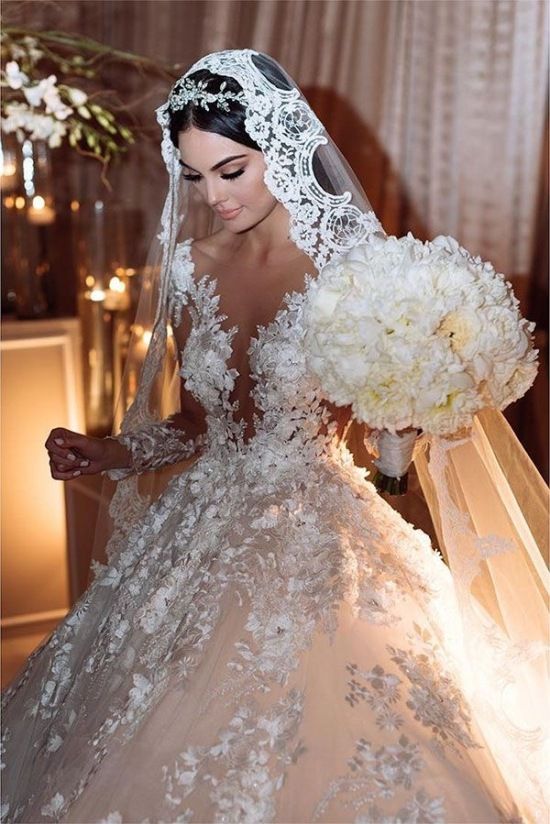 Gorgeous Long Princess Bateau Appliques Lace Backless Ruffles Wedding Dress with Sleeves-showprettydress