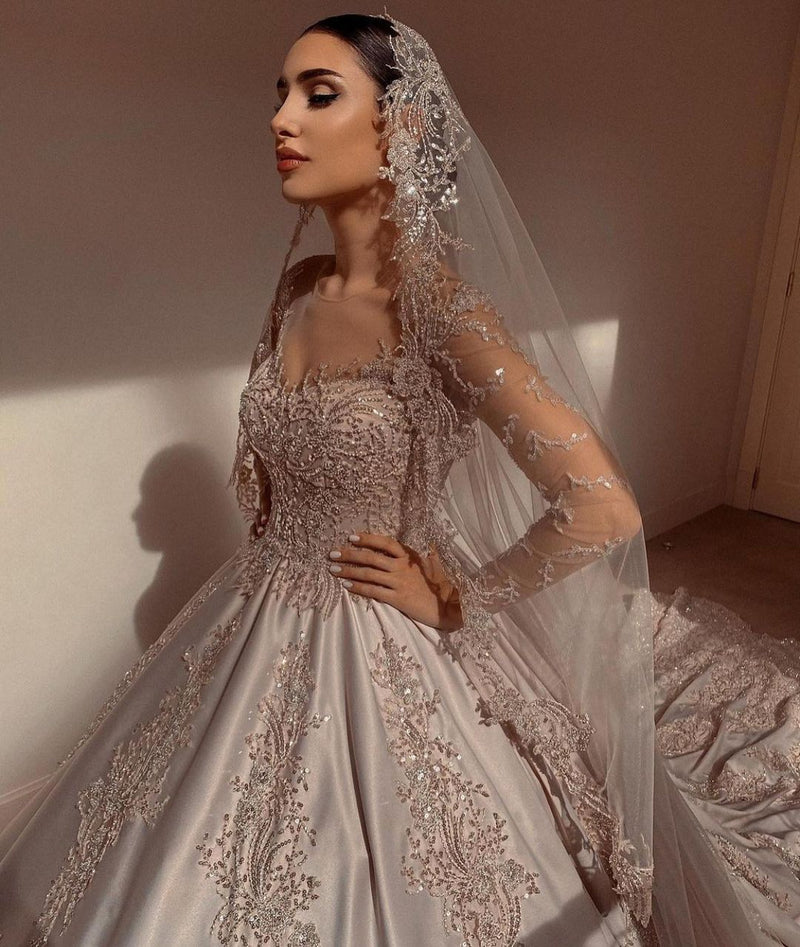 Gorgeous Long Princess Sweetheart Beading Pearl Satin Wedding Dress with Sleeves-showprettydress