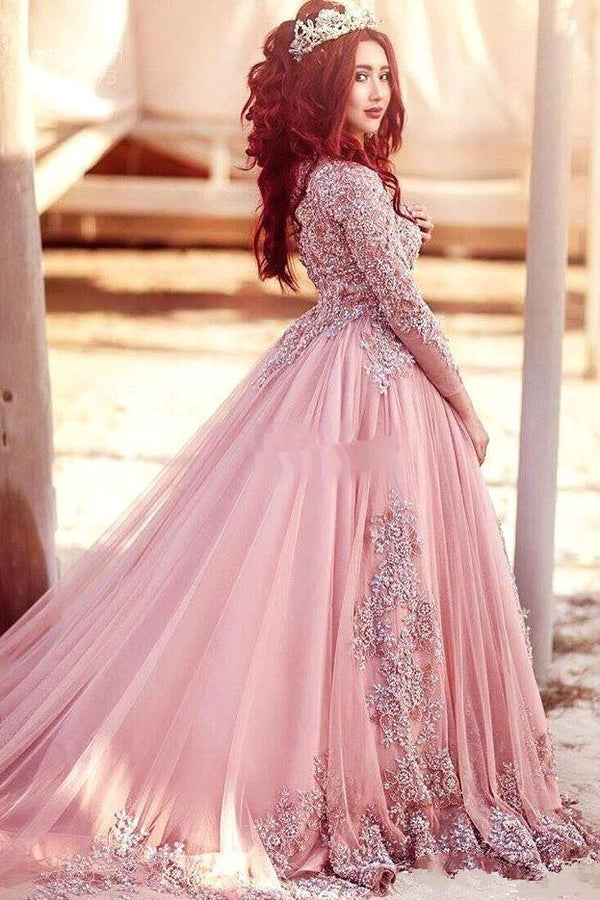 Gorgeous Long-Sleeve Arabic Style Lace Appliques Tulle Evening Dress-showprettydress