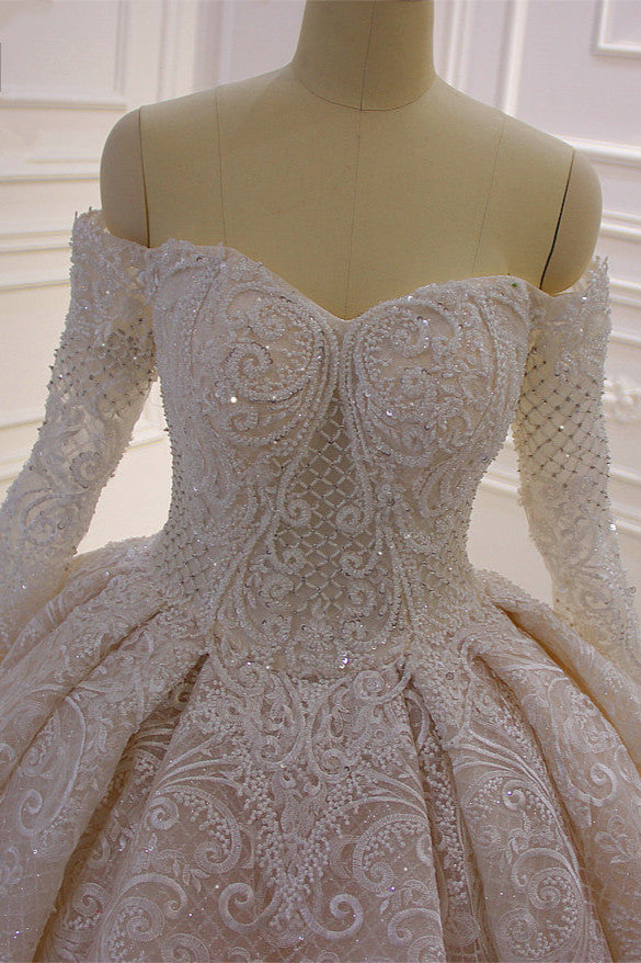 Gorgeous Long Sleeve Off the Shoulder Appliques Lace Ball Gown Wedding Dress-showprettydress