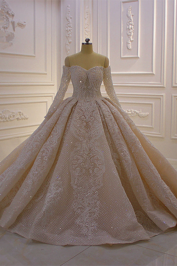 Gorgeous Long Sleeve Off the Shoulder Appliques Lace Ball Gown Wedding Dress-showprettydress