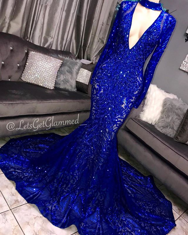 Gorgeous Mermaid Long Sleevess Deep V-neck Lace Applique Prom Dresses-showprettydress